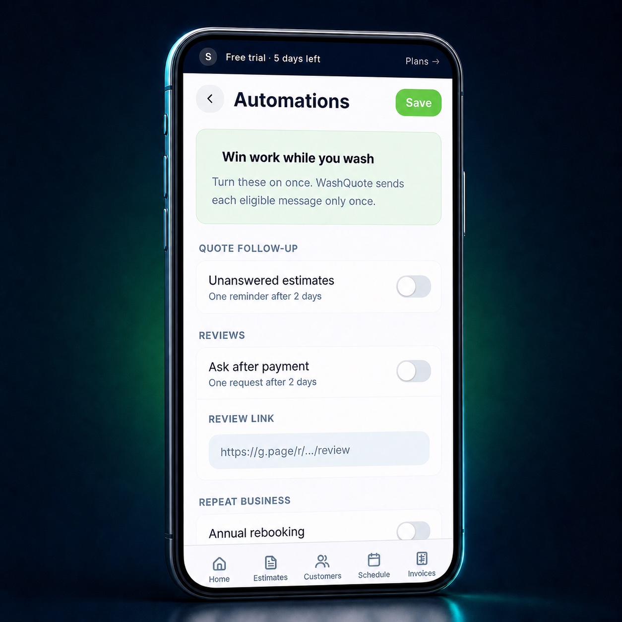 Polished phone render of the real WashQuote Automations screen